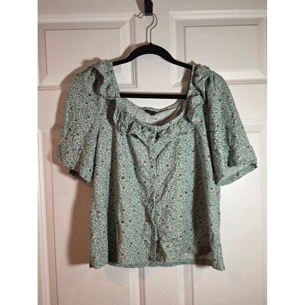 Ann Taylor Light Green Floral Ruffle-Square Neck Women's Top L